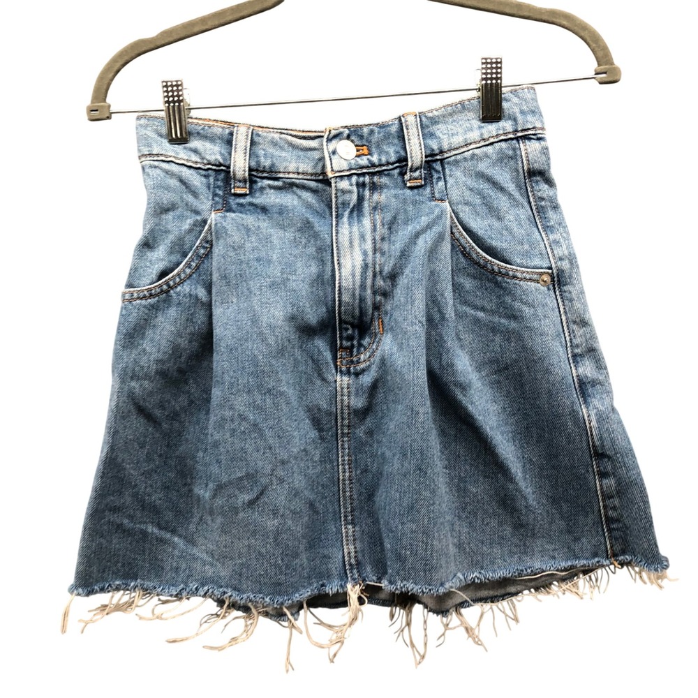 We The Free People Pleated High Rise Raw Hem Denim Mini Skirt Blue Size 24